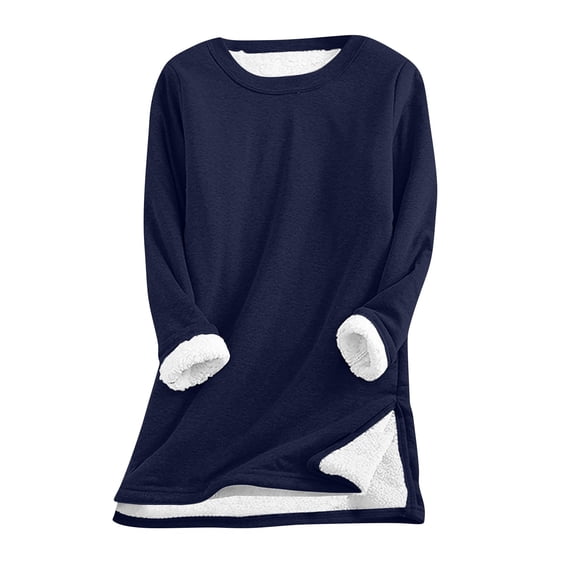 Lenpel Women's Fleece Lined Sweatshirts Crew Neck Long Sleeve Loungewear Pullover Tunic Tops Winter Warm Oversized Sweatshirts(Navy,Large)