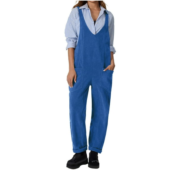 Lenpel Women's Fleece Overalls Fall Winter Warm V Neck Loose Casual Sleeveless Jumpsuits Strap Rompers with Pockets