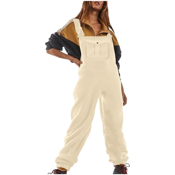 Lenpel Women's Fleece Overalls Fuzzy Warm Adjustable Strap Casual Loose Jumpsuits with Pockets Long Pant Rompers
