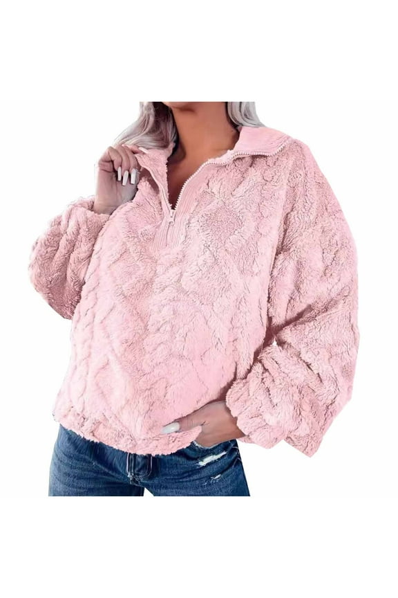 Women's Fleece Sweatshirts Long Sleeve Quarter Zip Lapel Fuzzy Pullover Outwear Witer Warm Plush Sweaters