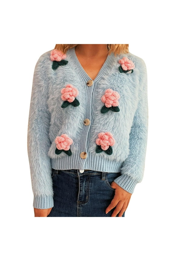Women's Fuzzy Cropped Sweater Cardigans Fleece Long Sleeve V Neck Button down Sweaters Plush Casual Outwear Coats(Blue,Large)