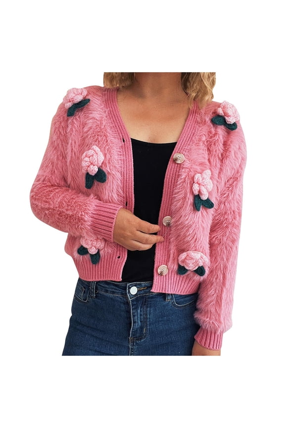 Women's Fuzzy Cropped Sweater Cardigans Fleece Long Sleeve V Neck Button down Sweaters Plush Casual Outwear Coats(Pink,Large)