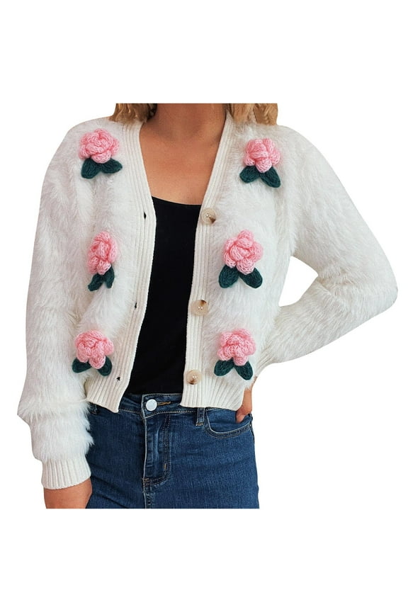 Women's Fuzzy Cropped Sweater Cardigans Fleece Long Sleeve V Neck Button down Sweaters Plush Casual Outwear Coats(White,Large)