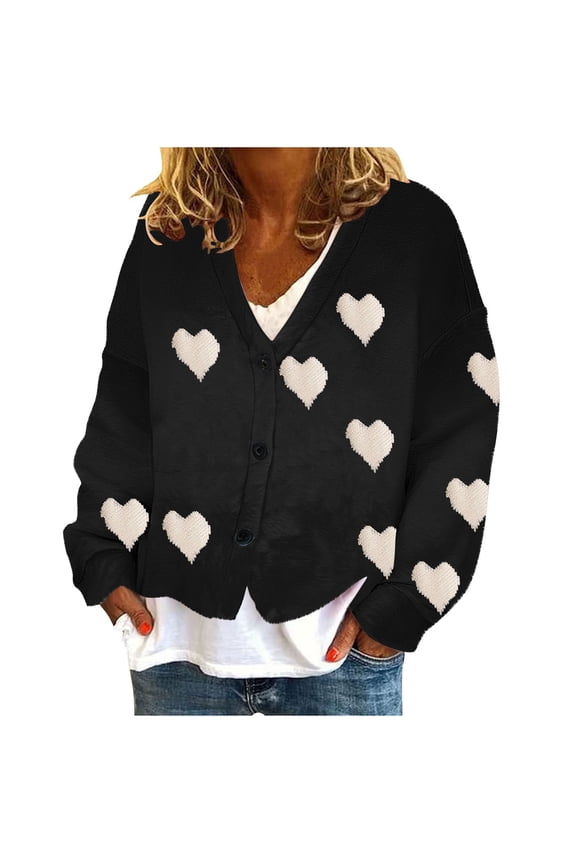 Women's Fuzzy Fleece Cardigan Sweaters Casual Long Sleeve V Neck Heart Print Button down Knit Coats Cozy Sweater Jackets(Black,X-Large)