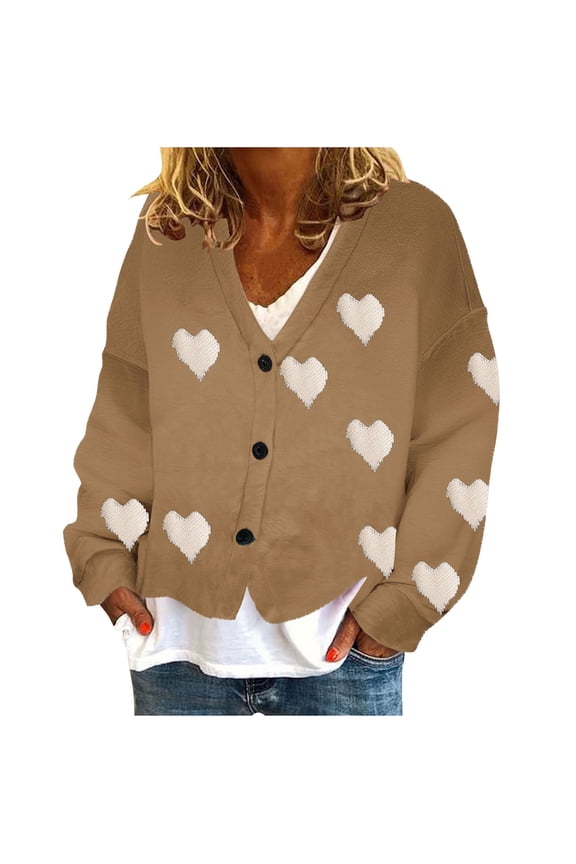 Women's Fuzzy Fleece Cardigan Sweaters Casual Long Sleeve V Neck Heart Print Button down Knit Coats Cozy Sweater Jackets(Khaki,3X-Large)