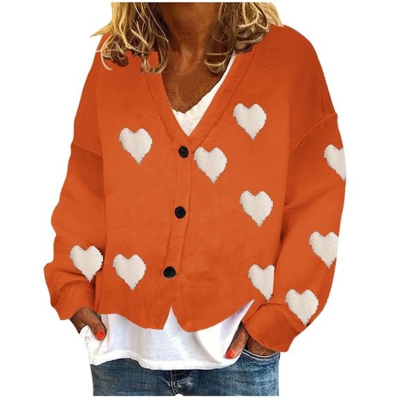 Lenpel Women's Fuzzy Fleece Cardigan Sweaters Casual Long Sleeve V Neck Heart Print Button down Knit Coats Cozy Sweater Jackets(Orange,Medium)