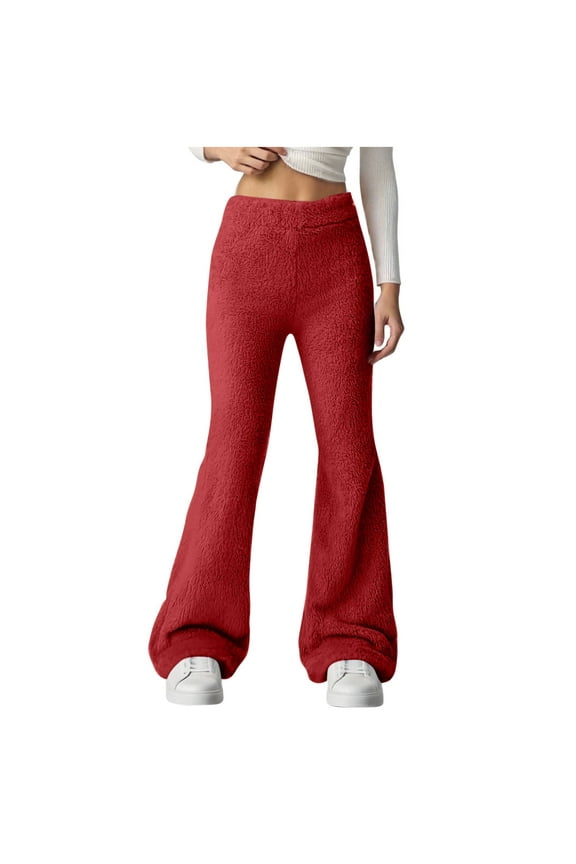 Women's Fuzzy Fleece Flare Sweatpants Cozy Warm High Waisted Bell Bottom Plush Lounge Pants Bootcut Pajama Bottoms(Red,Large)