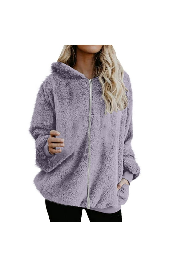 Women's Fuzzy Fleece Jacket Plus Size Fashion Warm Long Sleeve Soft Cozy Zip up Hoodies Plush Winter Coat