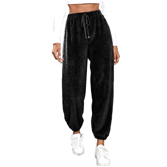 Lenpel Women's Fuzzy Fleece Joggers Plus Size High Waisted Drawstring Plush Pajama Lounge Pants Cozy Work Pj Bottoms(Black,XX-Large)