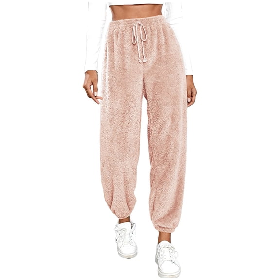 Lenpel Women's Fuzzy Fleece Joggers Plus Size High Waisted Drawstring Plush Pajama Lounge Pants Cozy Work Pj Bottoms(Pink,XX-Large)