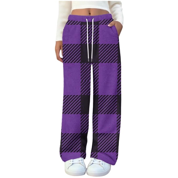 Lenpel Women's Fuzzy Fleece Lounge Pants High Waisted Drawstring Wide Leg Plaid Pajama Pants Plush Sleep Pj Bottoms with Pockets(Purple,XX-Large)