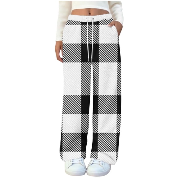 Lenpel Women's Fuzzy Fleece Lounge Pants High Waisted Drawstring Wide Leg Plaid Pajama Pants Plush Sleep Pj Bottoms with Pockets(White,Medium)