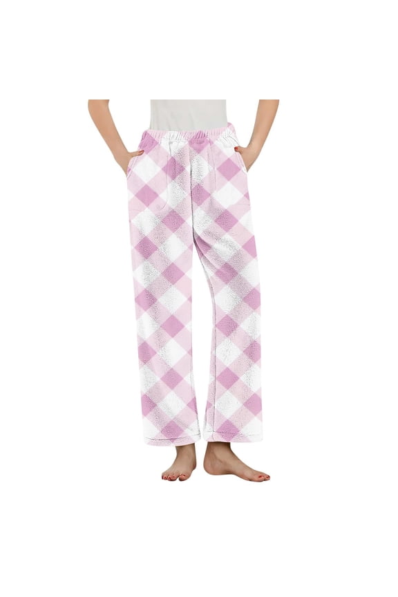 Women's Fuzzy Fleece Pajama Pants Elastic High Waisted Plaid Wide Leg Plush Lounge Pants Warm Cozy Pj Bottoms with Pockets(Purple,XX-Large)
