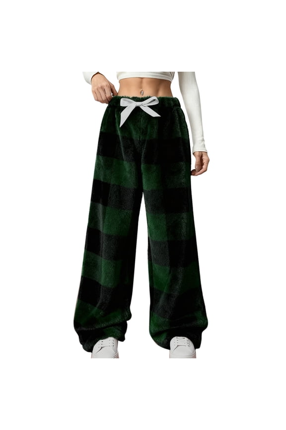 Women's Fuzzy Fleece Pajama Pants Plus Size Elastic High Waisted Drawstring Plaid Lounge Pants Plush Warm Pj Bottoms(Green,Medium)