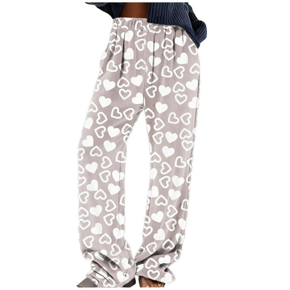 Lenpel Women's Fuzzy Fleece Pajama Pants Plus Size High Waisted Wide Leg Heart Printed Plush Lounge Pants Comfy Pj Bottoms(Khaki,4X-Large)