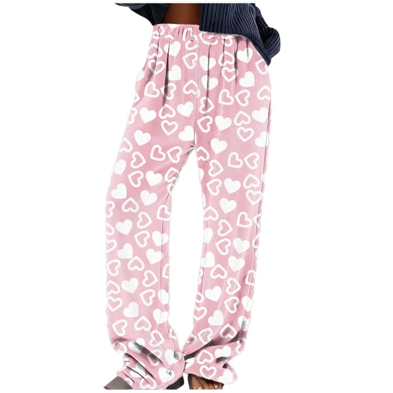 Lenpel Women's Fuzzy Fleece Pajama Pants Plus Size High Waisted Wide Leg Heart Printed Plush Lounge Pants Comfy Pj Bottoms(Pink,Large)