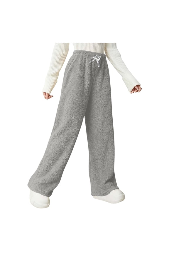 Women's Fuzzy Fleece Sweatpants Baggy High Waisted Drawstring Wide Leg Plush Pajama Lounge Pants Cozy Warm Pj Bottoms(Gray,Large)