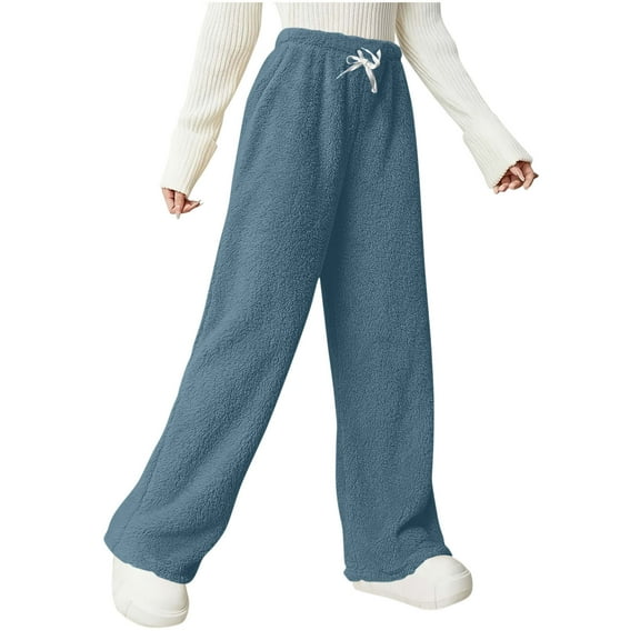 Lenpel Women's Fuzzy Fleece Sweatpants Baggy High Waisted Drawstring Wide Leg Plush Pajama Lounge Pants Cozy Warm Pj Bottoms(Light Blue,Large)