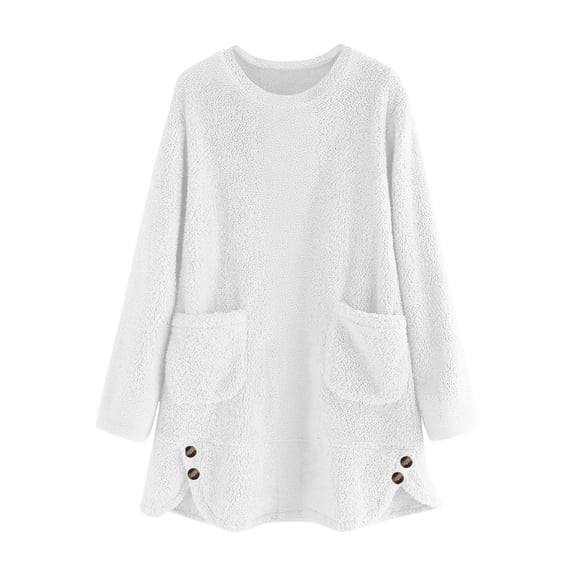 Lenpel Women's Fuzzy Fleece Sweatshirts Casual Long Sleeve Crewneck Side Split Hem Pullover Tunic Tops Plush Warm Sweatshirts with Pockets(White,XX-Large)