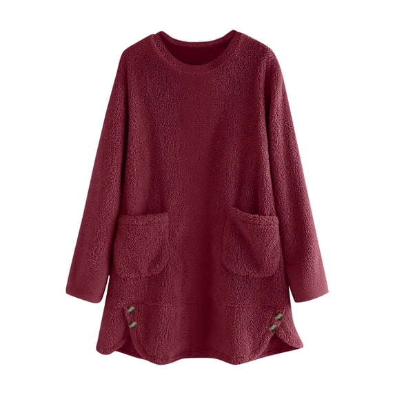 Lenpel Women's Fuzzy Fleece Sweatshirts Casual Long Sleeve Crewneck Side Split Hem Pullover Tunic Tops Plush Warm Sweatshirts with Pockets(Wine,X-Large)