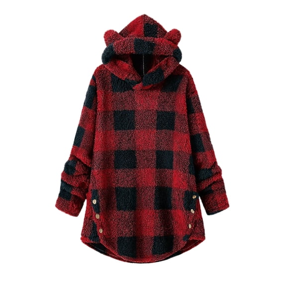 Lenpel Women's Fuzzy Fleece Sweatshirts Long Sleeve Plush Warm Plaid Hooded Tunic Sweatshirts Fall Winter Pullover Tops(Wine,X-Large)