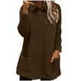 thumbnail image 1 of Lenpel Women's Fuzzy Fleece Sweatshirts Long Sleeve Quarter Button Lapel Plush Warm Tunic Tops Fall Winter Pullover Sweaters with Pockets(Brown,Large), 1 of 6