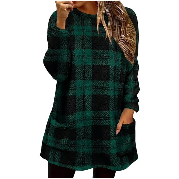 Lenpel Women's Fuzzy Fleece Tunic Sweatshirts Long Sleeve Crewneck Plaid Plush Warm Sweaters Fall Winter Pullover Tops with Pockets(Green,Large)