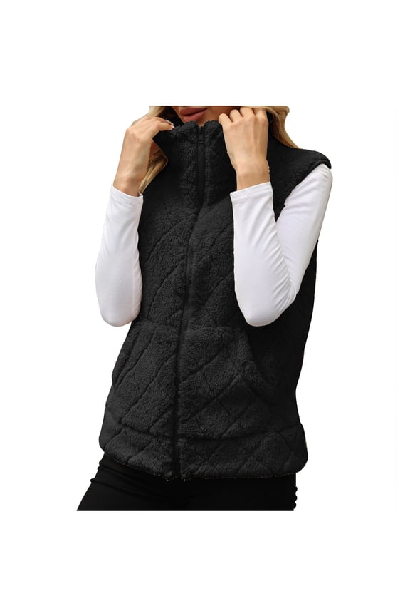 Women's Fuzzy Fleece Vest Lightweight Stand Collar Zip up Sleeveless Plush Jacket Winter Warm Coat with Pocket
