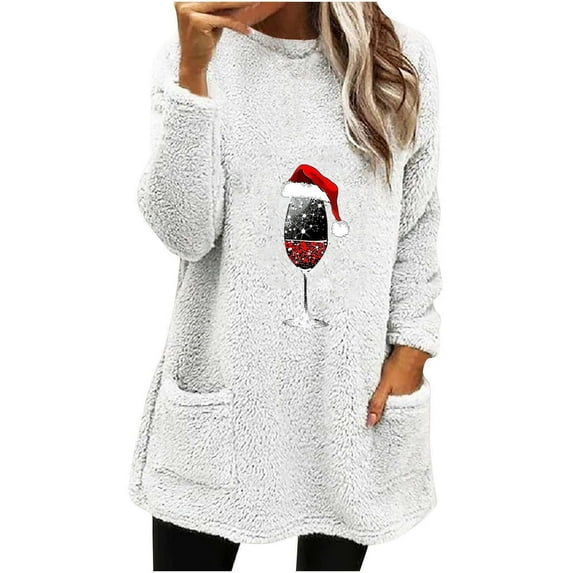 Lenpel Women's Fuzzy Sweatshirts Oversized Long Sleeve Christmas Graphic Fleece Pullover Sweaters Winter Warm Outwear