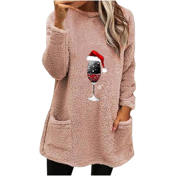 Lenpel Women's Fuzzy Sweatshirts Oversized Long Sleeve Christmas Graphic Fleece Pullover Sweaters Winter Warm Outwear