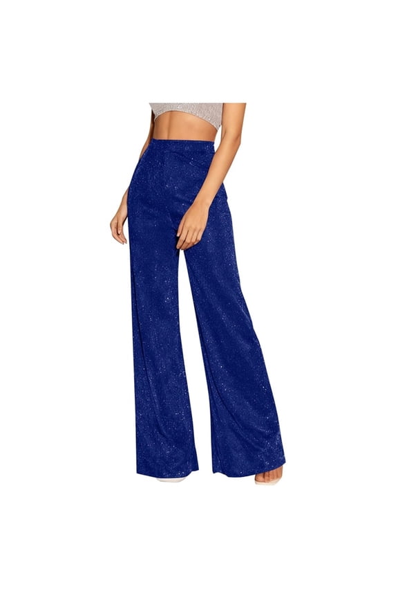 Women's Glitter Wide Leg Pants High Waisted Sparkly Shiny Palazzo Pants Baggy Party Clubwear Trousers(Blue,XX-Large)