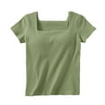 thumbnail image 1 of Lenpel Women's Going out Tops Fashion Summer Ribbed Short Sleeve Square Neck Slim T Shirts with Built in Bra Casual Basic Tees, 1 of 3