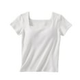 thumbnail image 1 of Lenpel Women's Going out Tops Fashion Summer Ribbed Short Sleeve Square Neck Slim T Shirts with Built in Bra Casual Basic Tees, 1 of 3