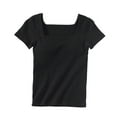 thumbnail image 1 of Lenpel Women's Going out Tops Fashion Summer Ribbed Short Sleeve Square Neck Slim T Shirts with Built in Bra Casual Basic Tees, 1 of 3