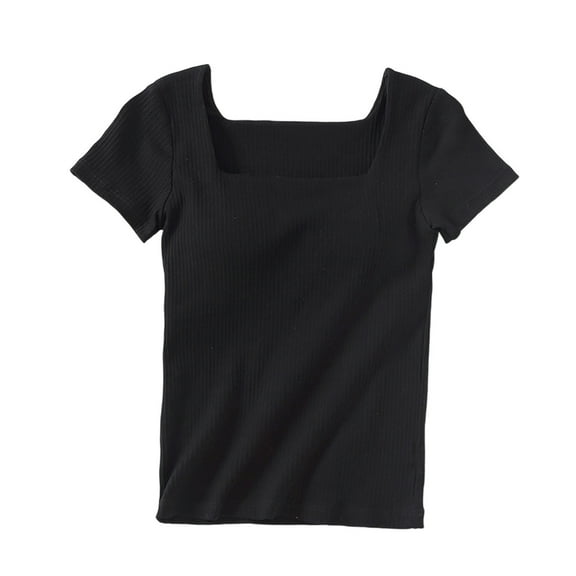 Lenpel Women's Going out Tops Fashion Summer Ribbed Short Sleeve Square Neck Slim T Shirts with Built in Bra Casual Basic Tees