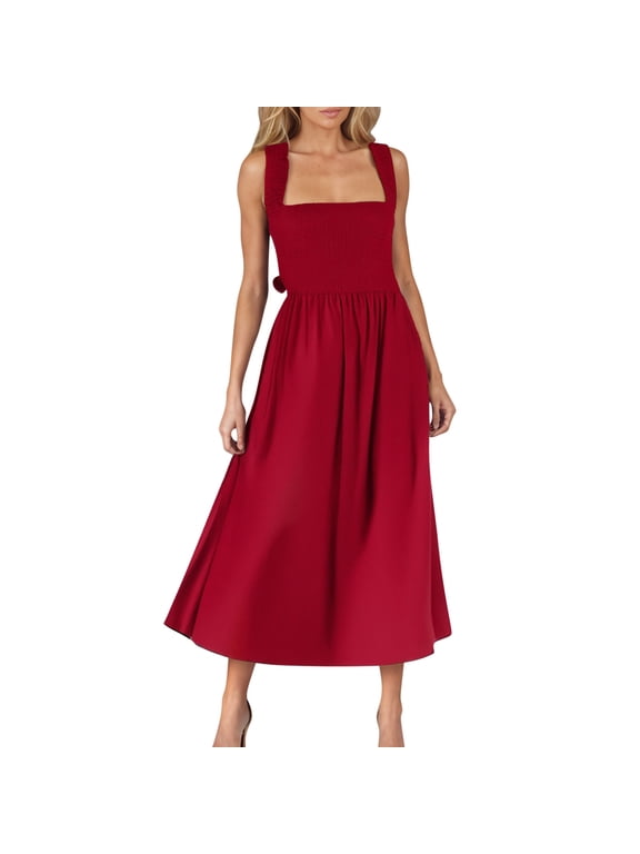 Women's Halter Midi Dress Spaghetti Strap Tie Back Backless Ruched Flowy A-Line Dress Sleeveless Summer Dresses
