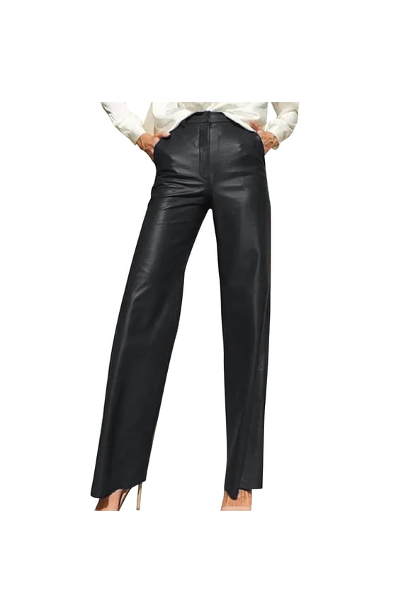 Women's High Waisted Leather Pants Casual Straight Wide Leg Trousers Loose Trendy Streetwear Pleather Pants