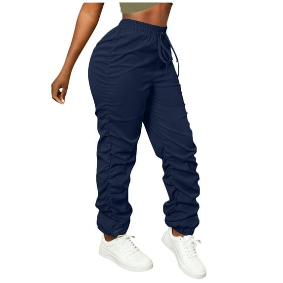 Lenpel Women's Hiking Pants Elastic High Waisted Drawstring Ruched Slim Outdoor Travel Pants Casual Athletic Joggers(Navy,Large)