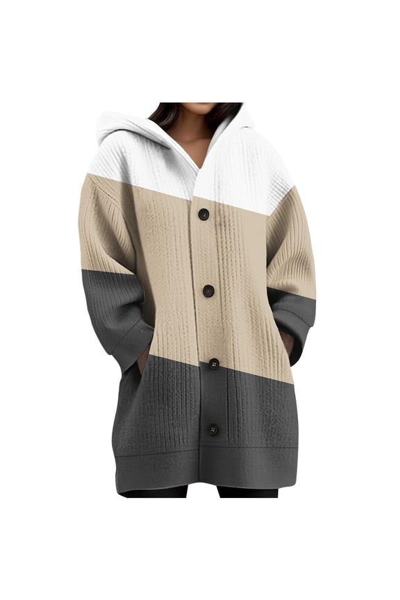 Women's Hooded Cardigan Sweaters Long Sleeve Color Block Button down Oversized Sweater Cardigans Casual Knit Outwear Coats(Khaki,Small)