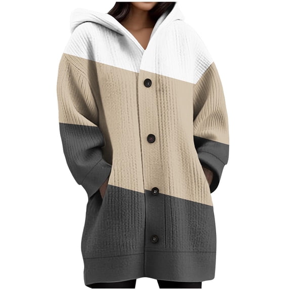 Lenpel Women's Hooded Cardigan Sweaters Long Sleeve Color Block Button down Oversized Sweater Cardigans Casual Knit Outwear Coats(Khaki,X-Large)
