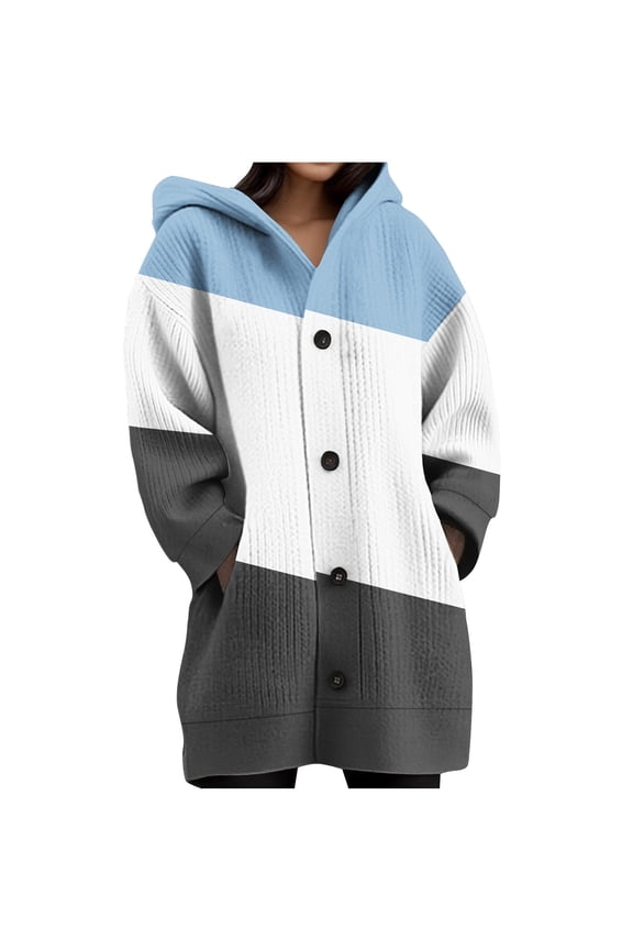 Women's Hooded Cardigan Sweaters Long Sleeve Color Block Button down Oversized Sweater Cardigans Casual Knit Outwear Coats(Light Blue,Small)