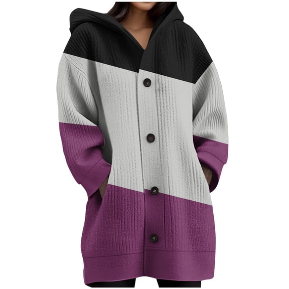 Lenpel Women's Hooded Cardigan Sweaters Long Sleeve Color Block Button down Oversized Sweater Cardigans Casual Knit Outwear Coats(Purple,X-Large)