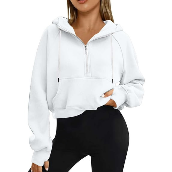Lenpel Women's Hoodies Half Zip Long Sleeve Drawstring Cropped Casual Sweatshirts with Pockets Spring Fall Clothes