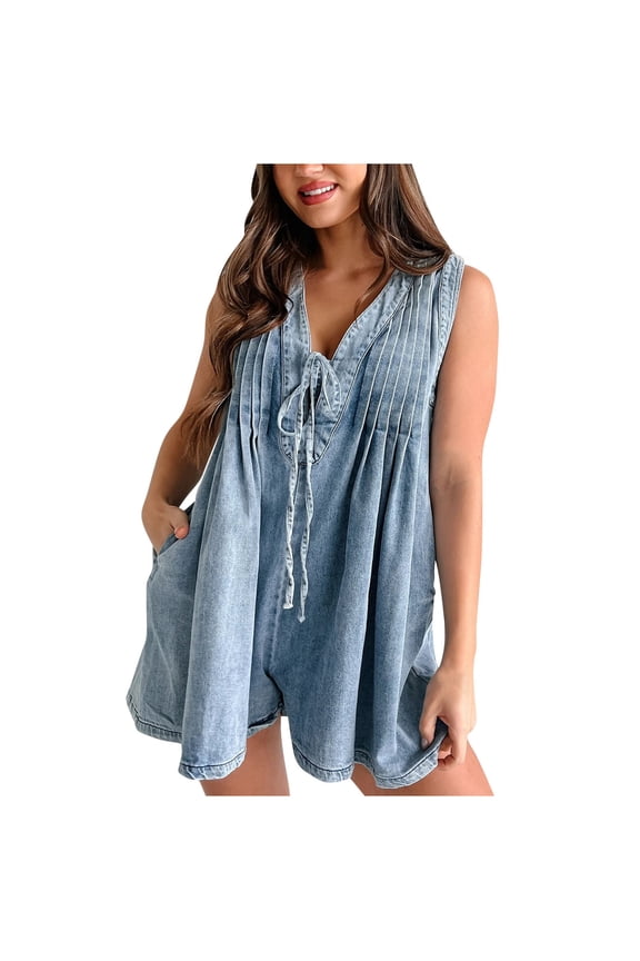 Women's Jean Jumpsuits Summer Casual Sleeveless V Neck Tie Front Pleated Short Rompers Loose Overall Shorts with Pockets