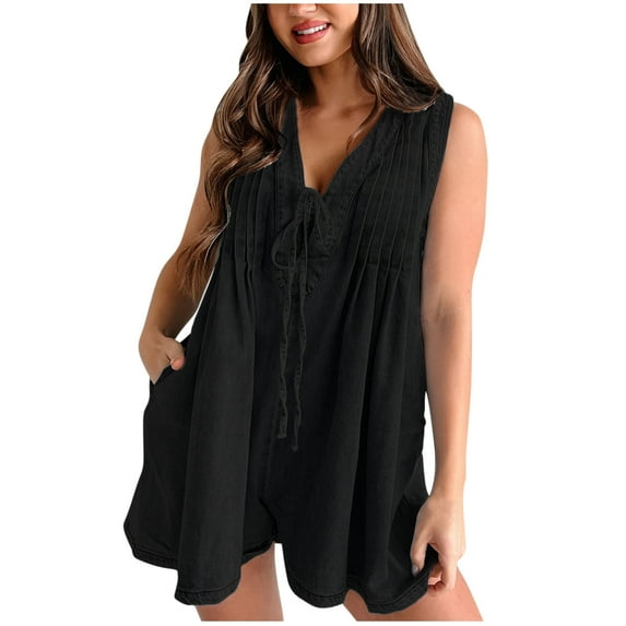 Lenpel Women's Jean Jumpsuits Summer Casual Sleeveless V Neck Tie Front Pleated Short Rompers Loose Overall Shorts with Pockets
