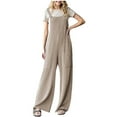 thumbnail image 1 of Lenpel Women's Jumpsuits Casual Ribbed Sleeveless Strap Wide Leg Long Pant Rompers Loose Overalls with Pockets, 1 of 5
