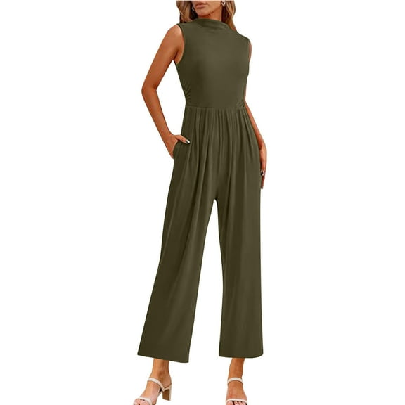 Lenpel Women's Jumpsuits Dressy Casual Sleeveless Mock Neck Wide Leg Rompers Trendy Summer Overalls with Pockets