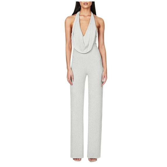 Lenpel Women's Jumpsuits Elegant Cowl Neck Sleeveless Sequins Overalls Party Clubwear Full Length Rompers