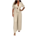 thumbnail image 1 of Lenpel Women's Jumpsuits Plus Size Short Sleeve Deep V Neck Tie Front Pleated Wide Leg Pant Rompers Casual Loose Jumpsuits, 1 of 6