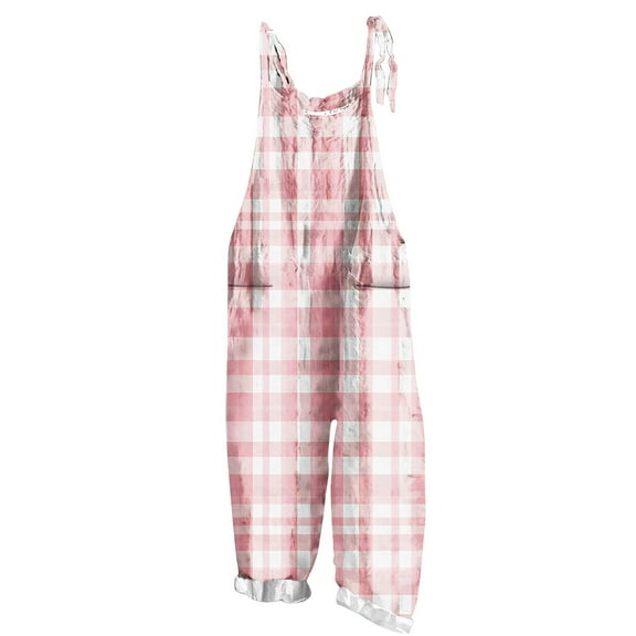 Lenpel Women's Jumpsuits Plus Size Sleeveless Spaghetti Strap Striped Plaid Straight Leg Rompers Causal Loose Overalls with Pockets
